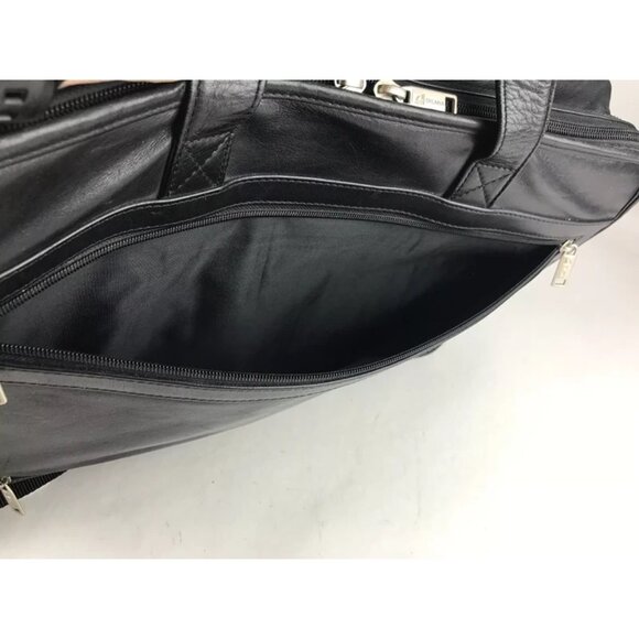 Dilana Unisex Black Leather Outer Pockets Detachable Strap Top Handle Laptop Bag - Picture 11 of 11